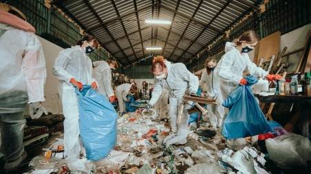 dobrovoľníci triedia odpad v ochranných odevoch